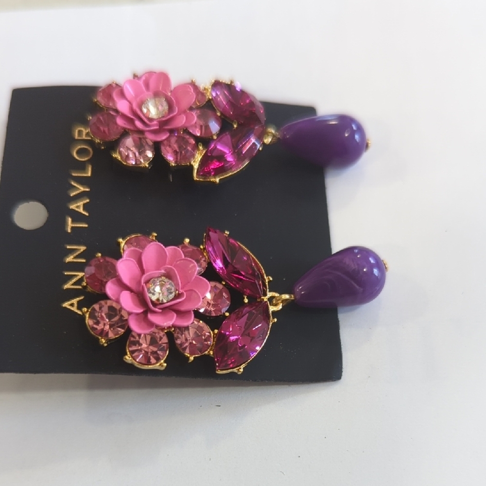 Ann Taylor Pink and Purple Flower Drop Earrings with Gold Accents - Picture 3 of 7